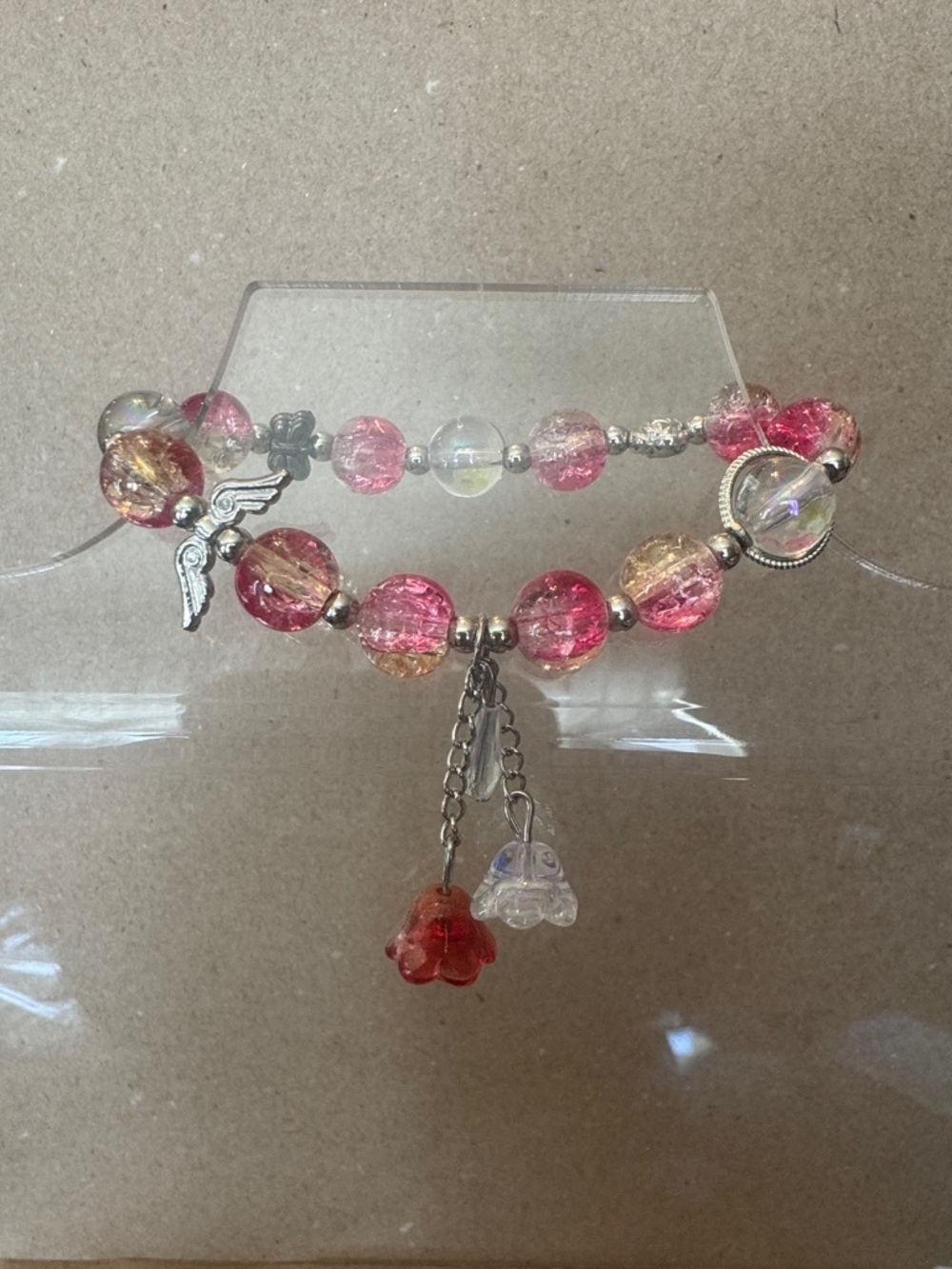 Pink and Gold Glass Bead Charm Bracelet - Women's Jewelry
